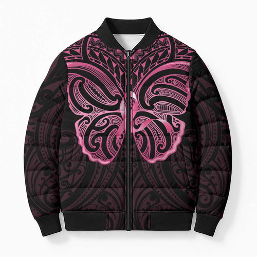 New Zealand Breast Cancer Awareness Bomber Puffer Jacket Maori Butterfly Pink Ribbon Black Version - Aussie Hoodie