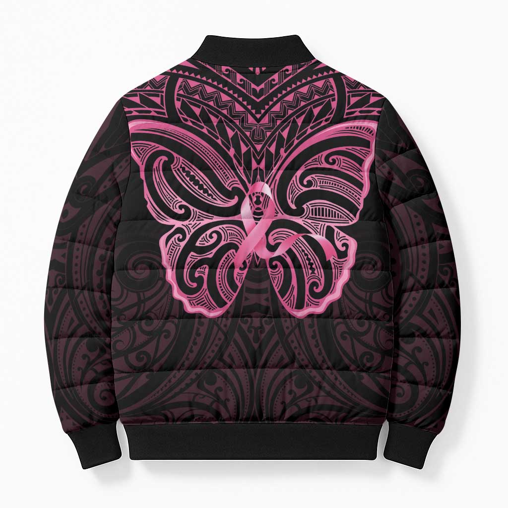 New Zealand Breast Cancer Awareness Bomber Puffer Jacket Maori Butterfly Pink Ribbon Black Version - Aussie Hoodie