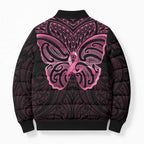 New Zealand Breast Cancer Awareness Bomber Puffer Jacket Maori Butterfly Pink Ribbon Black Version - Aussie Hoodie