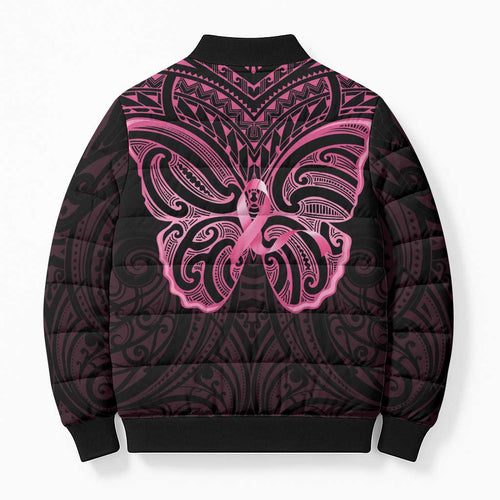 New Zealand Breast Cancer Awareness Bomber Puffer Jacket Maori Butterfly Pink Ribbon Black Version - Aussie Hoodie