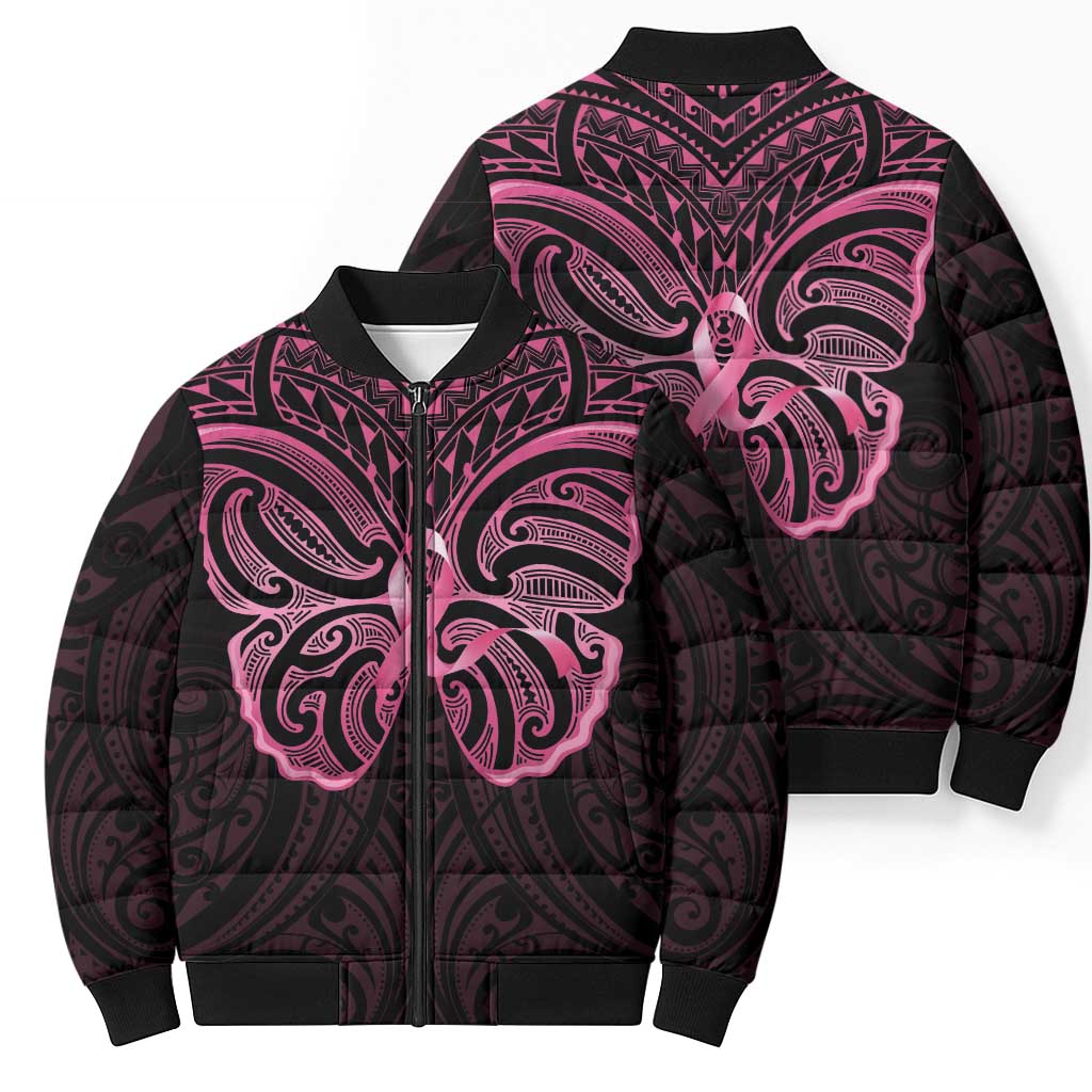 New Zealand Breast Cancer Awareness Bomber Puffer Jacket Maori Butterfly Pink Ribbon Black Version - Aussie Hoodie