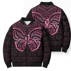 New Zealand Breast Cancer Awareness Bomber Puffer Jacket Maori Butterfly Pink Ribbon Black Version - Aussie Hoodie