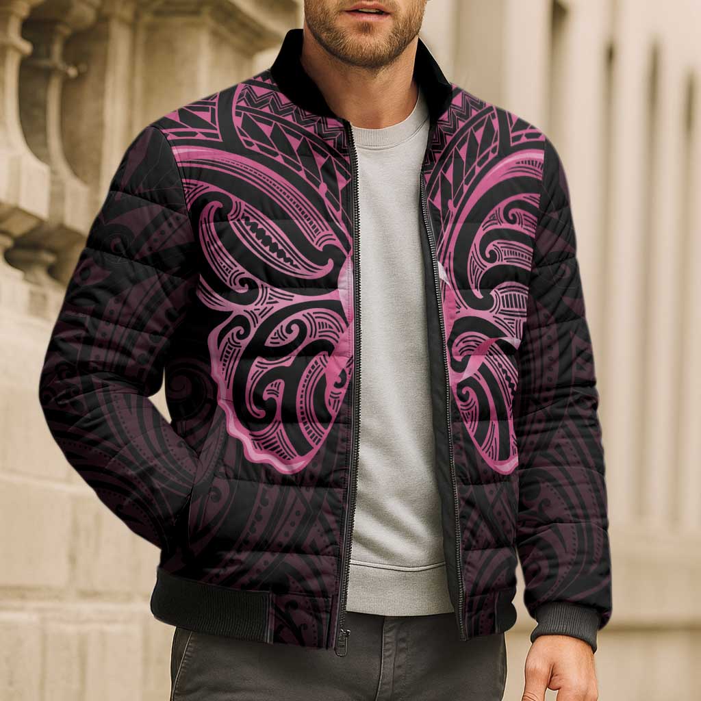New Zealand Breast Cancer Awareness Bomber Puffer Jacket Maori Butterfly Pink Ribbon Black Version - Aussie Hoodie