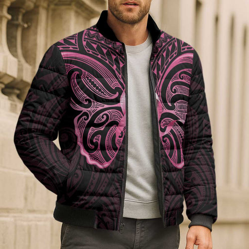 New Zealand Breast Cancer Awareness Bomber Puffer Jacket Maori Butterfly Pink Ribbon Black Version - Aussie Hoodie