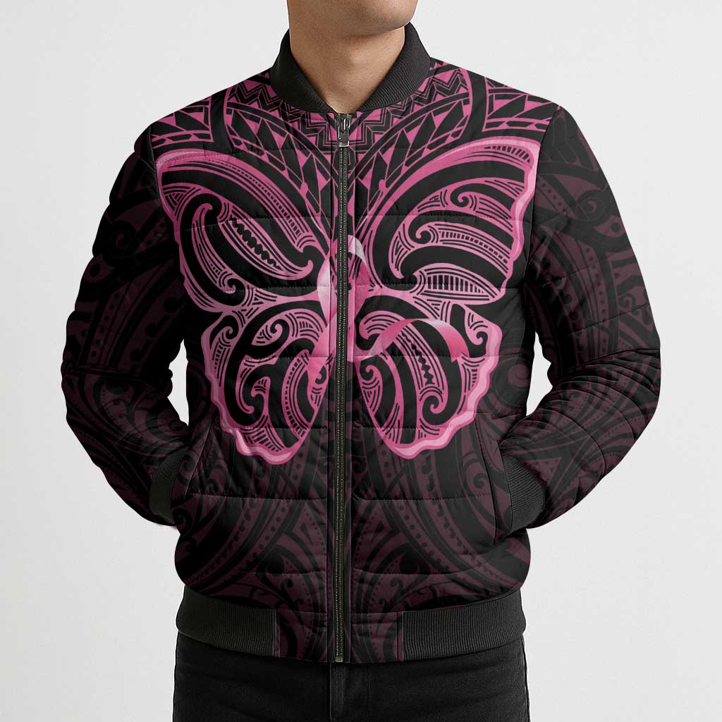 New Zealand Breast Cancer Awareness Bomber Puffer Jacket Maori Butterfly Pink Ribbon Black Version - Aussie Hoodie