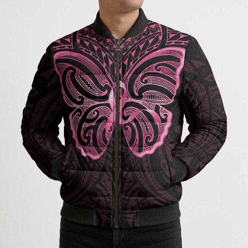 New Zealand Breast Cancer Awareness Bomber Puffer Jacket Maori Butterfly Pink Ribbon Black Version - Aussie Hoodie