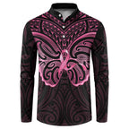 New Zealand Breast Cancer Awareness Button Sweatshirt Maori Butterfly Pink Ribbon Black Version - Aussie Hoodie