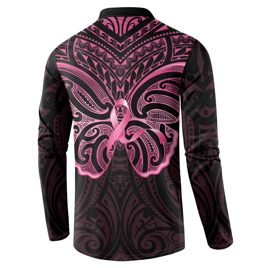 New Zealand Breast Cancer Awareness Button Sweatshirt Maori Butterfly Pink Ribbon Black Version - Aussie Hoodie