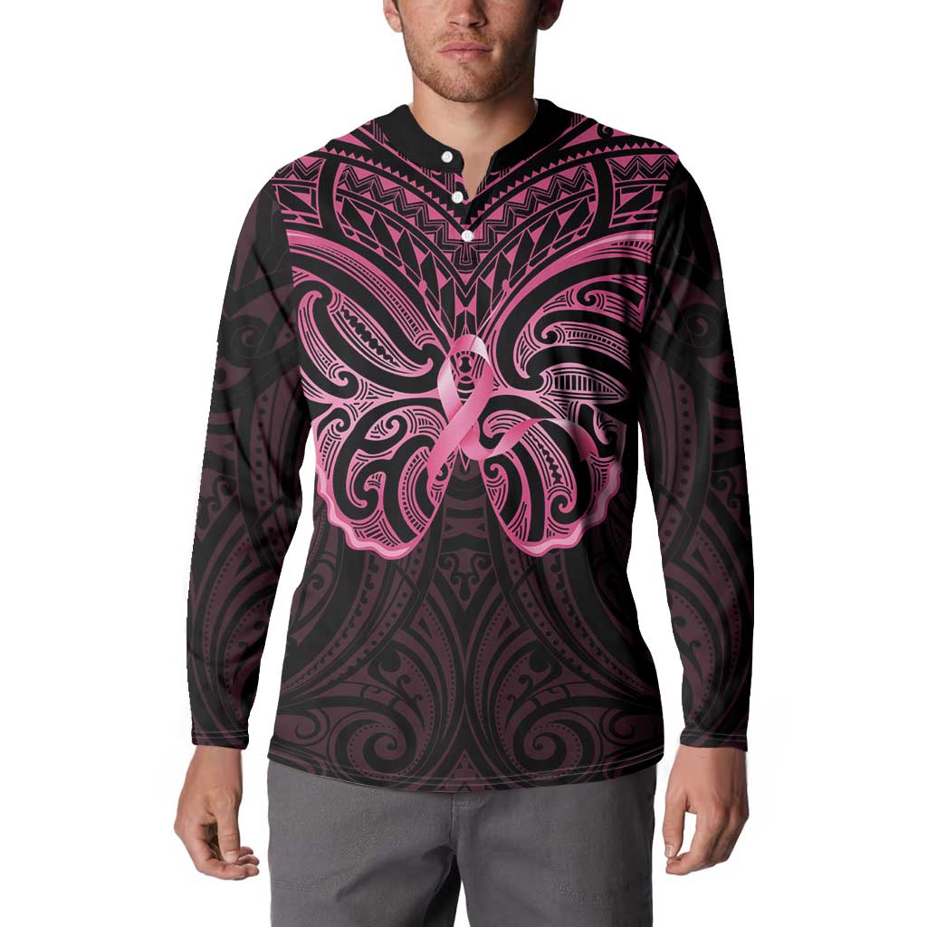 New Zealand Breast Cancer Awareness Button Sweatshirt Maori Butterfly Pink Ribbon Black Version - Aussie Hoodie