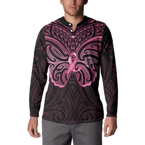 New Zealand Breast Cancer Awareness Button Sweatshirt Maori Butterfly Pink Ribbon Black Version - Aussie Hoodie