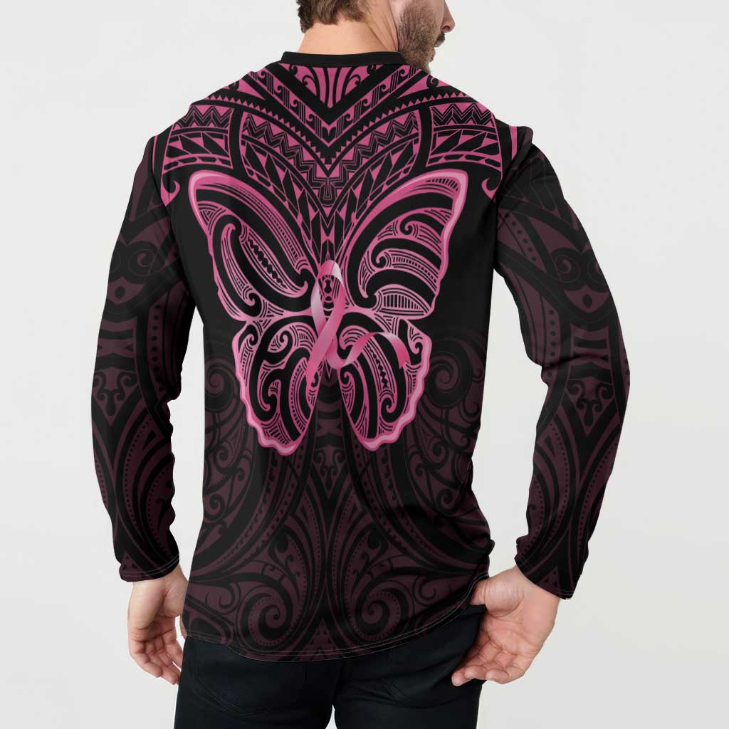 New Zealand Breast Cancer Awareness Button Sweatshirt Maori Butterfly Pink Ribbon Black Version - Aussie Hoodie