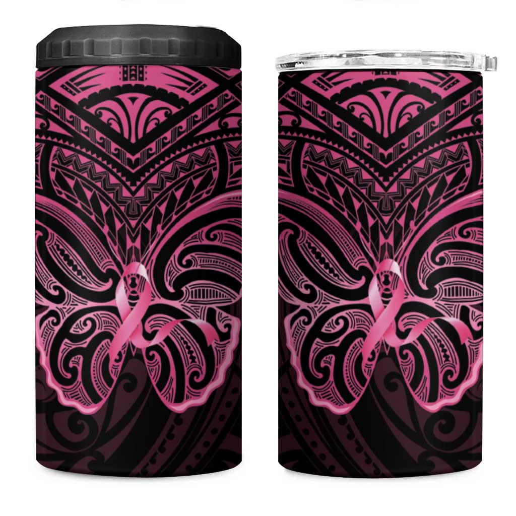 New Zealand Breast Cancer Awareness 4 in 1 Can Cooler Tumbler Maori Butterfly Pink Ribbon Black Version - Aussie Hoodie
