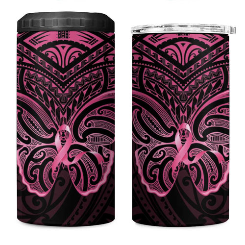 New Zealand Breast Cancer Awareness 4 in 1 Can Cooler Tumbler Maori Butterfly Pink Ribbon Black Version - Aussie Hoodie