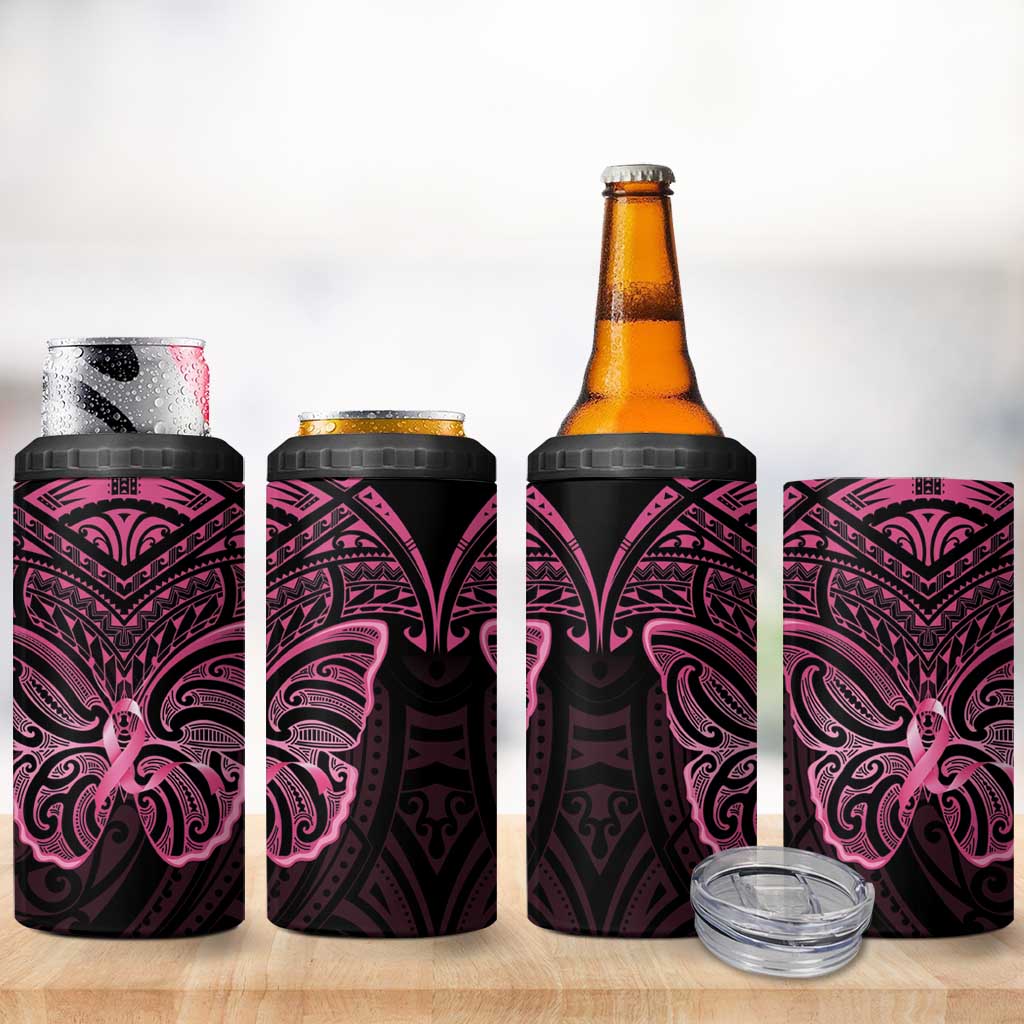 New Zealand Breast Cancer Awareness 4 in 1 Can Cooler Tumbler Maori Butterfly Pink Ribbon Black Version - Aussie Hoodie