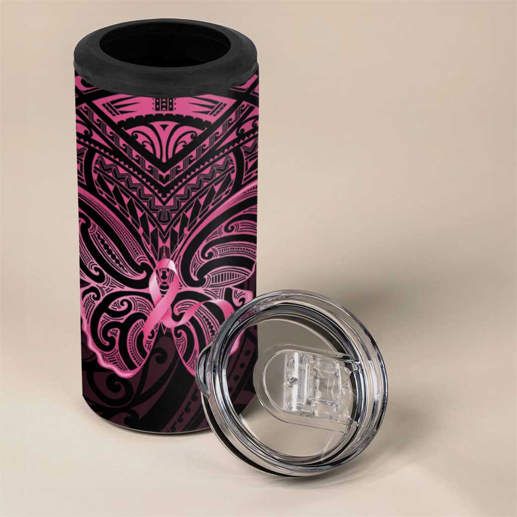 New Zealand Breast Cancer Awareness 4 in 1 Can Cooler Tumbler Maori Butterfly Pink Ribbon Black Version - Aussie Hoodie
