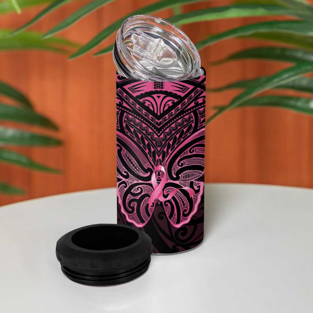New Zealand Breast Cancer Awareness 4 in 1 Can Cooler Tumbler Maori Butterfly Pink Ribbon Black Version - Aussie Hoodie