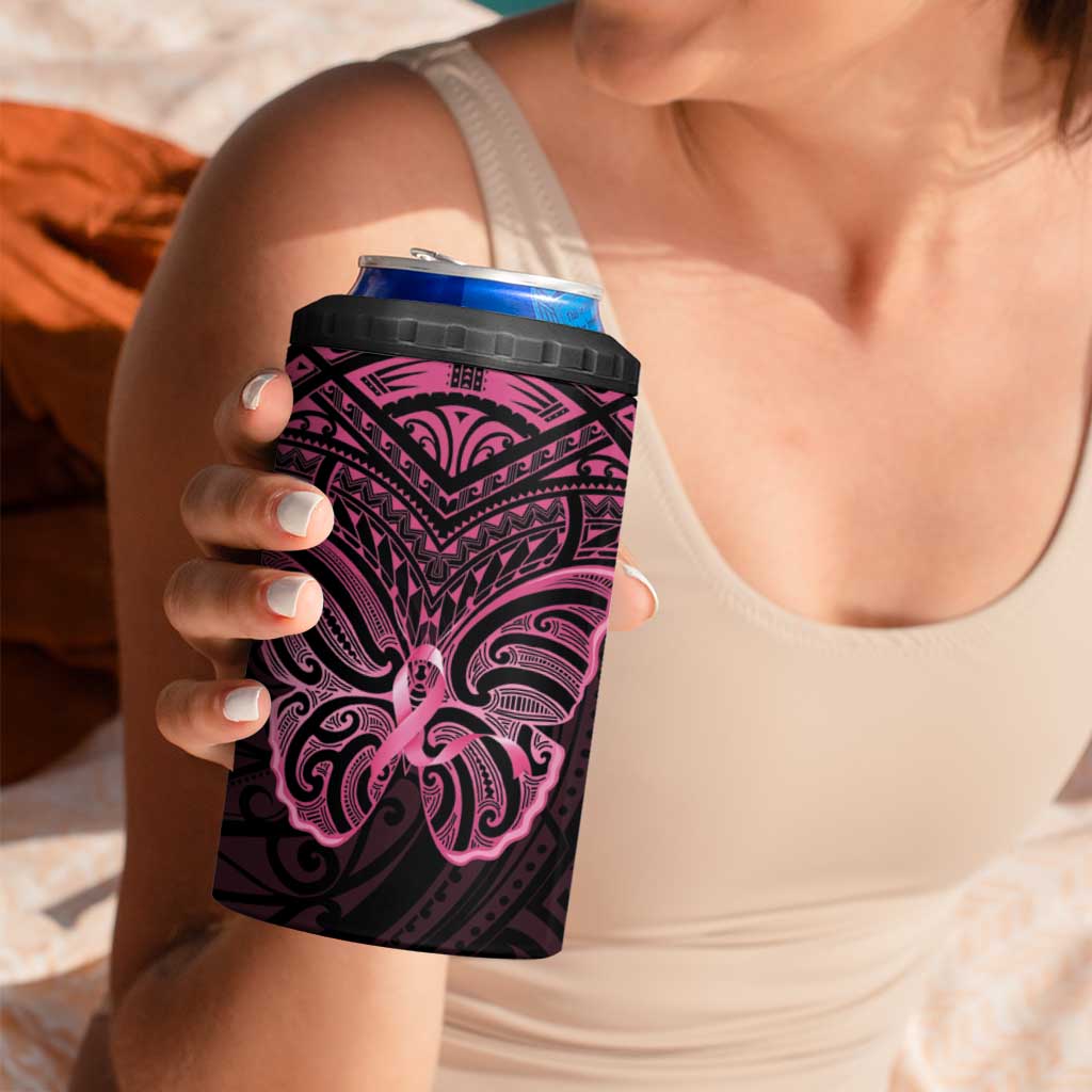New Zealand Breast Cancer Awareness 4 in 1 Can Cooler Tumbler Maori Butterfly Pink Ribbon Black Version - Aussie Hoodie