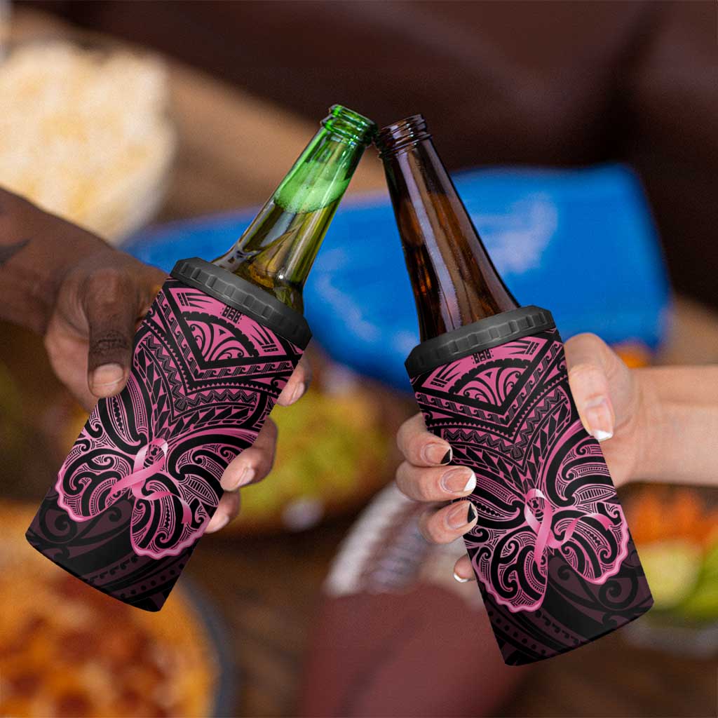New Zealand Breast Cancer Awareness 4 in 1 Can Cooler Tumbler Maori Butterfly Pink Ribbon Black Version - Aussie Hoodie