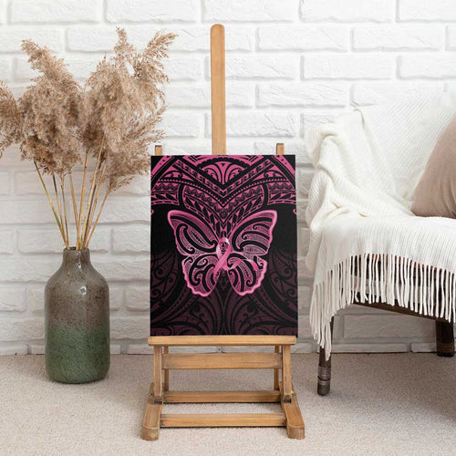 New Zealand Breast Cancer Awareness Canvas Wall Art Maori Butterfly Pink Ribbon Black Version - Aussie Hoodie