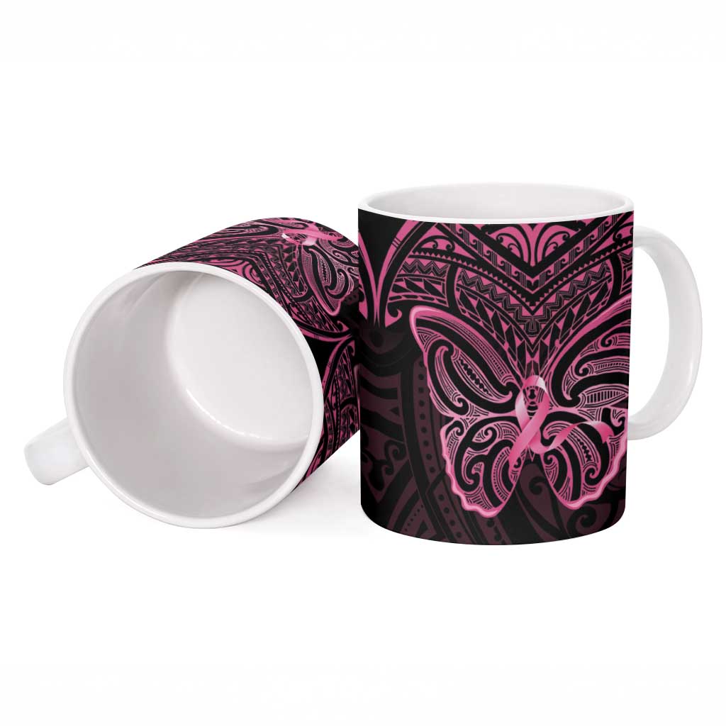 New Zealand Breast Cancer Awareness Ceramic Mug Maori Butterfly Pink Ribbon Black Version - Aussie Hoodie