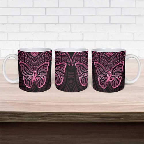 New Zealand Breast Cancer Awareness Ceramic Mug Maori Butterfly Pink Ribbon Black Version - Aussie Hoodie