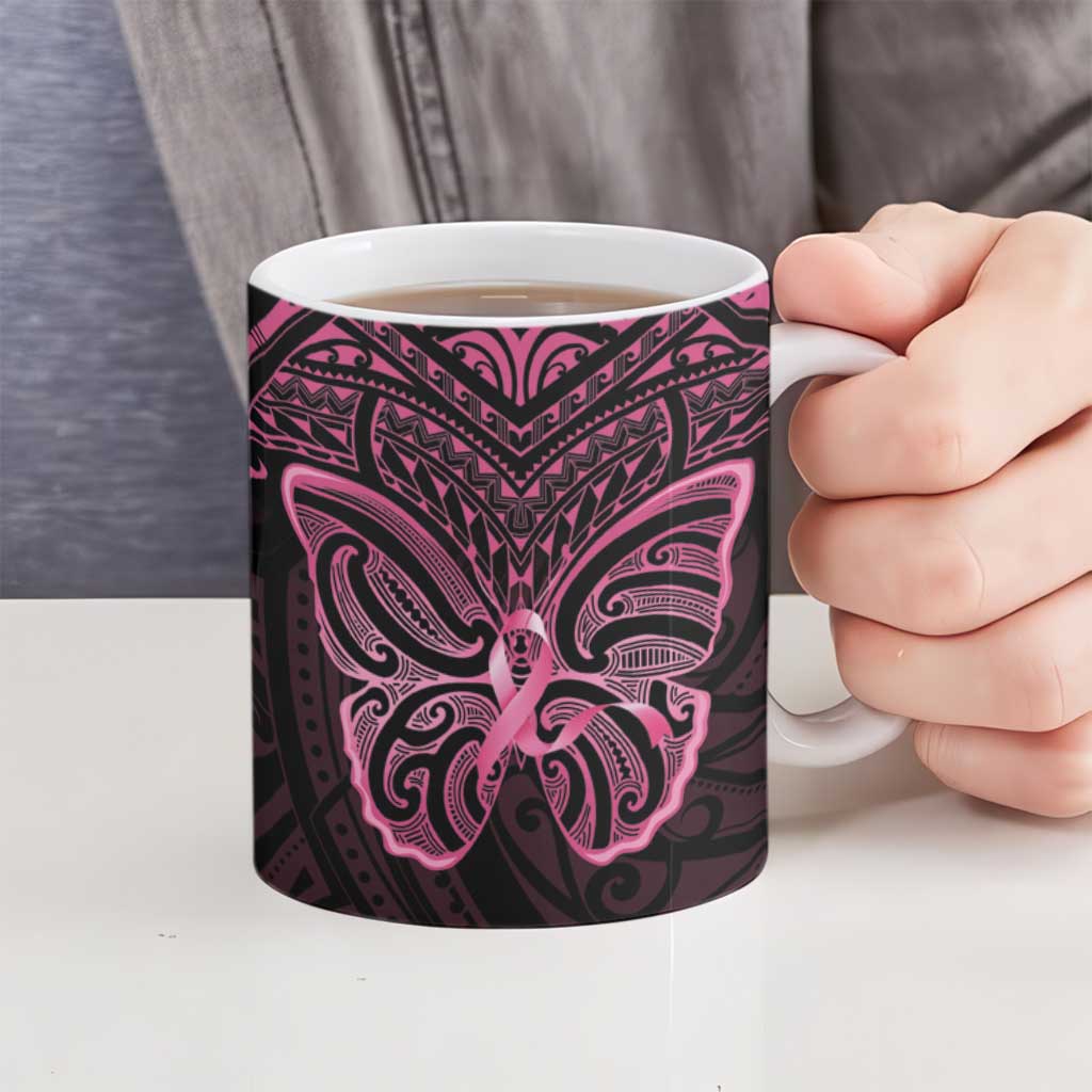 New Zealand Breast Cancer Awareness Ceramic Mug Maori Butterfly Pink Ribbon Black Version - Aussie Hoodie