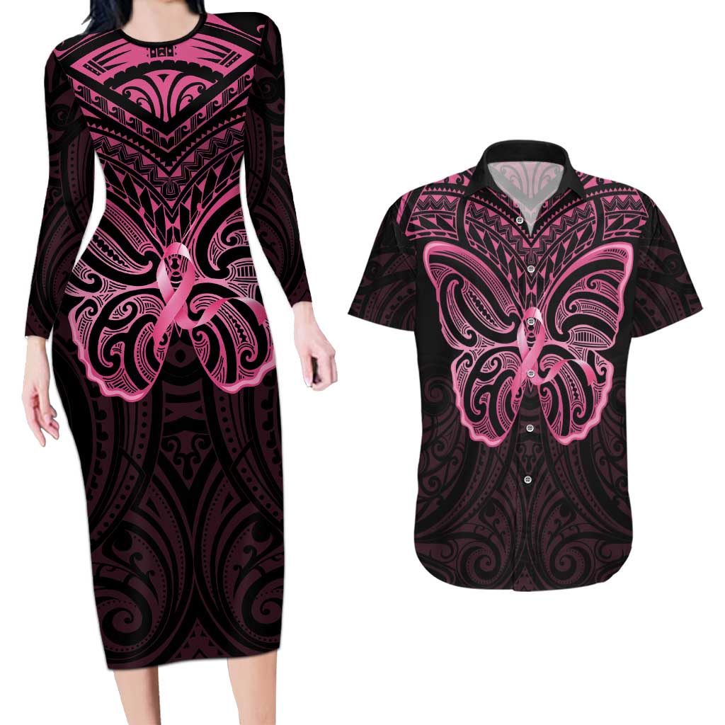 New Zealand Breast Cancer Awareness Couples Matching Long Sleeve Bodycon Dress and Hawaiian Shirt Maori Butterfly Pink Ribbon Black Version - Aussie Hoodie