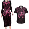 New Zealand Breast Cancer Awareness Couples Matching Long Sleeve Bodycon Dress and Hawaiian Shirt Maori Butterfly Pink Ribbon Black Version - Aussie Hoodie