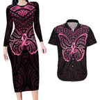 New Zealand Breast Cancer Awareness Couples Matching Long Sleeve Bodycon Dress and Hawaiian Shirt Maori Butterfly Pink Ribbon Black Version - Aussie Hoodie