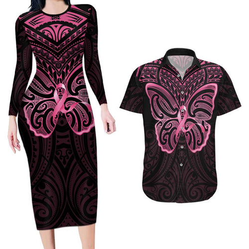 New Zealand Breast Cancer Awareness Couples Matching Long Sleeve Bodycon Dress and Hawaiian Shirt Maori Butterfly Pink Ribbon Black Version - Aussie Hoodie
