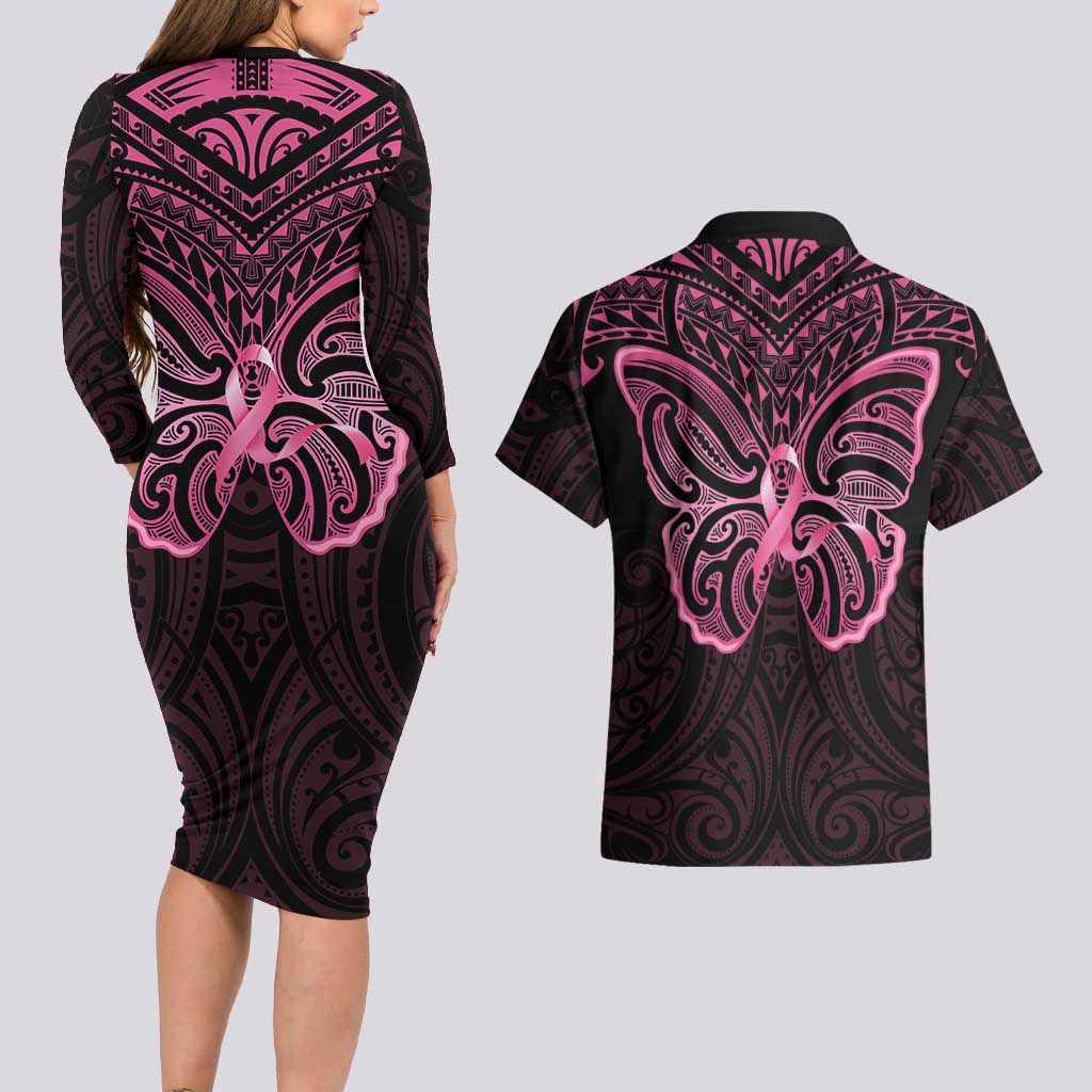 New Zealand Breast Cancer Awareness Couples Matching Long Sleeve Bodycon Dress and Hawaiian Shirt Maori Butterfly Pink Ribbon Black Version - Aussie Hoodie