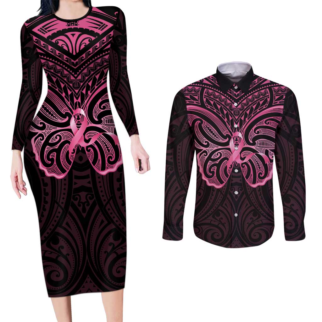 New Zealand Breast Cancer Awareness Couples Matching Long Sleeve Bodycon Dress and Long Sleeve Button Shirt Maori Butterfly Pink Ribbon Black Version - Aussie Hoodie