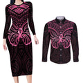 New Zealand Breast Cancer Awareness Couples Matching Long Sleeve Bodycon Dress and Long Sleeve Button Shirt Maori Butterfly Pink Ribbon Black Version - Aussie Hoodie