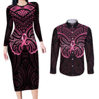 New Zealand Breast Cancer Awareness Couples Matching Long Sleeve Bodycon Dress and Long Sleeve Button Shirt Maori Butterfly Pink Ribbon Black Version - Aussie Hoodie