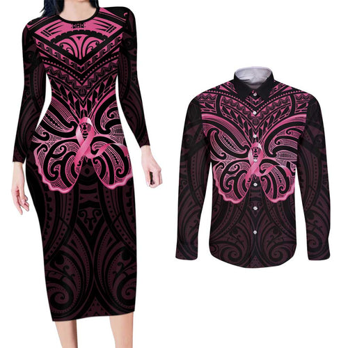 New Zealand Breast Cancer Awareness Couples Matching Long Sleeve Bodycon Dress and Long Sleeve Button Shirt Maori Butterfly Pink Ribbon Black Version - Aussie Hoodie