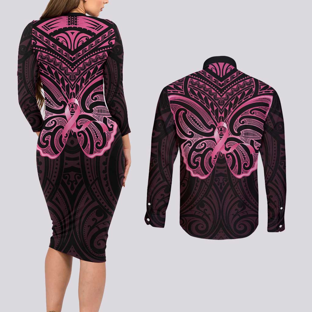 New Zealand Breast Cancer Awareness Couples Matching Long Sleeve Bodycon Dress and Long Sleeve Button Shirt Maori Butterfly Pink Ribbon Black Version - Aussie Hoodie