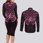 New Zealand Breast Cancer Awareness Couples Matching Long Sleeve Bodycon Dress and Long Sleeve Button Shirt Maori Butterfly Pink Ribbon Black Version - Aussie Hoodie