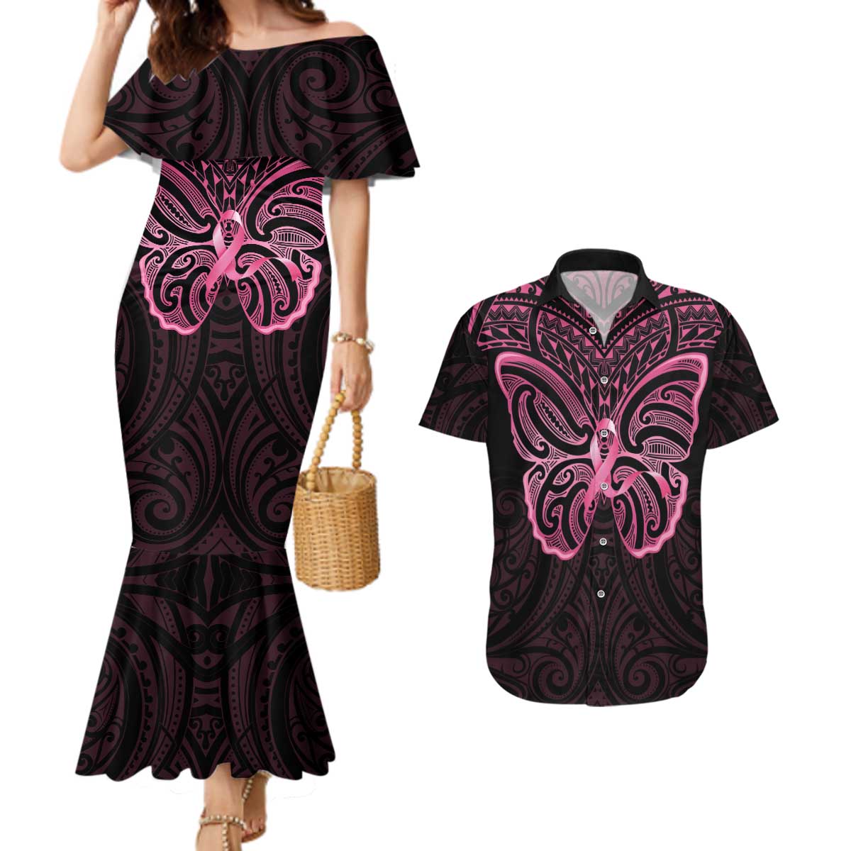 New Zealand Breast Cancer Awareness Couples Matching Mermaid Dress and Hawaiian Shirt Maori Butterfly Pink Ribbon Black Version - Aussie Hoodie