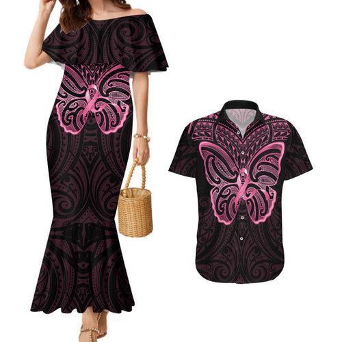 New Zealand Breast Cancer Awareness Couples Matching Mermaid Dress and Hawaiian Shirt Maori Butterfly Pink Ribbon Black Version - Aussie Hoodie