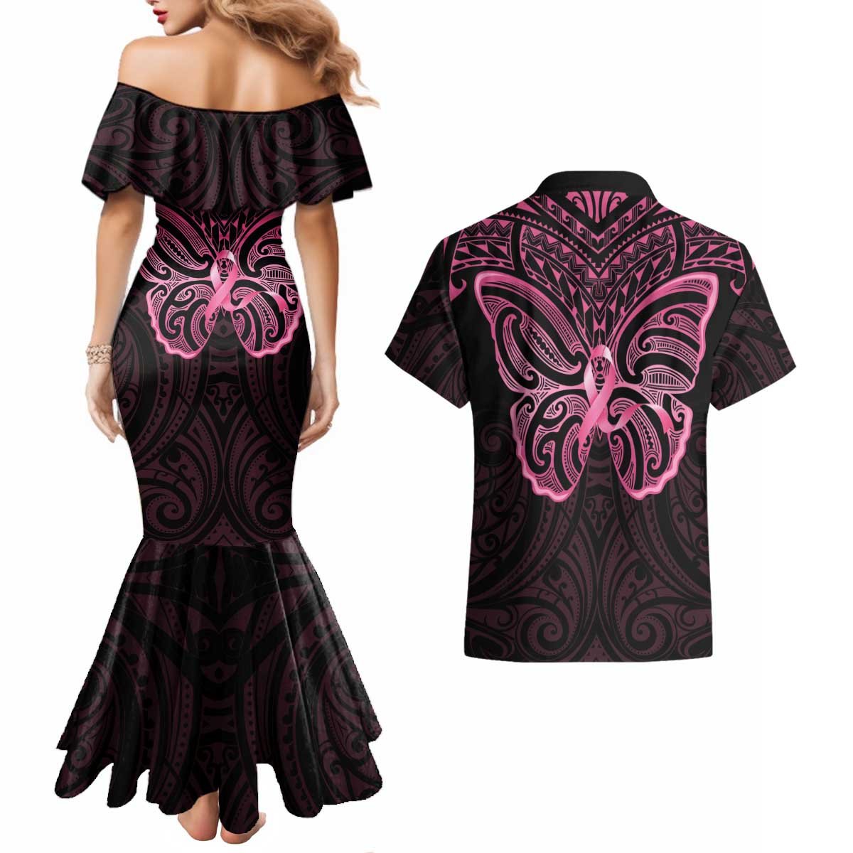 New Zealand Breast Cancer Awareness Couples Matching Mermaid Dress and Hawaiian Shirt Maori Butterfly Pink Ribbon Black Version - Aussie Hoodie