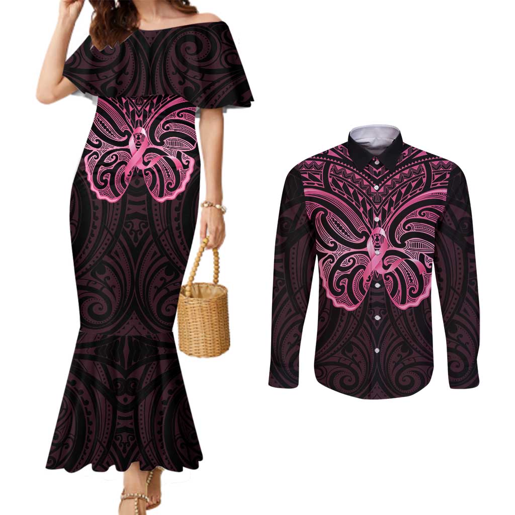 New Zealand Breast Cancer Awareness Couples Matching Mermaid Dress and Long Sleeve Button Shirt Maori Butterfly Pink Ribbon Black Version - Aussie Hoodie