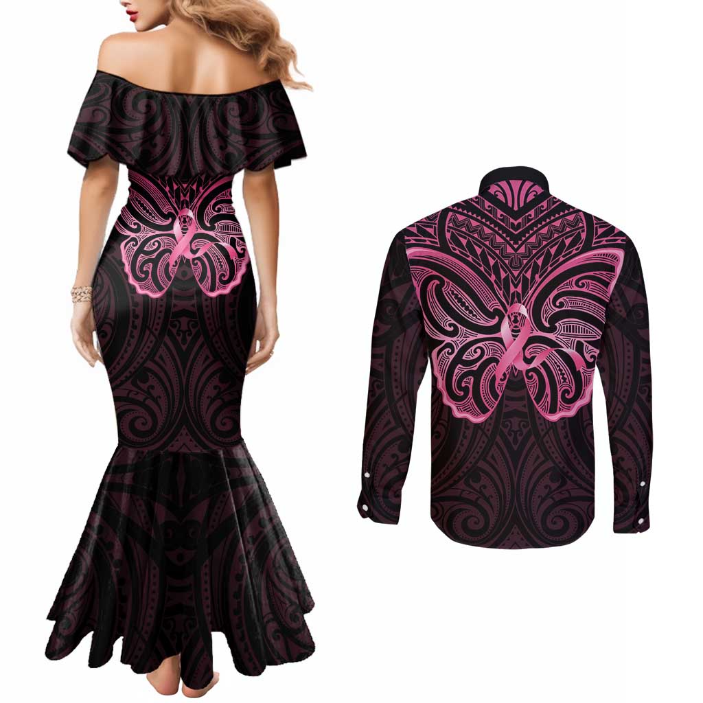 New Zealand Breast Cancer Awareness Couples Matching Mermaid Dress and Long Sleeve Button Shirt Maori Butterfly Pink Ribbon Black Version - Aussie Hoodie