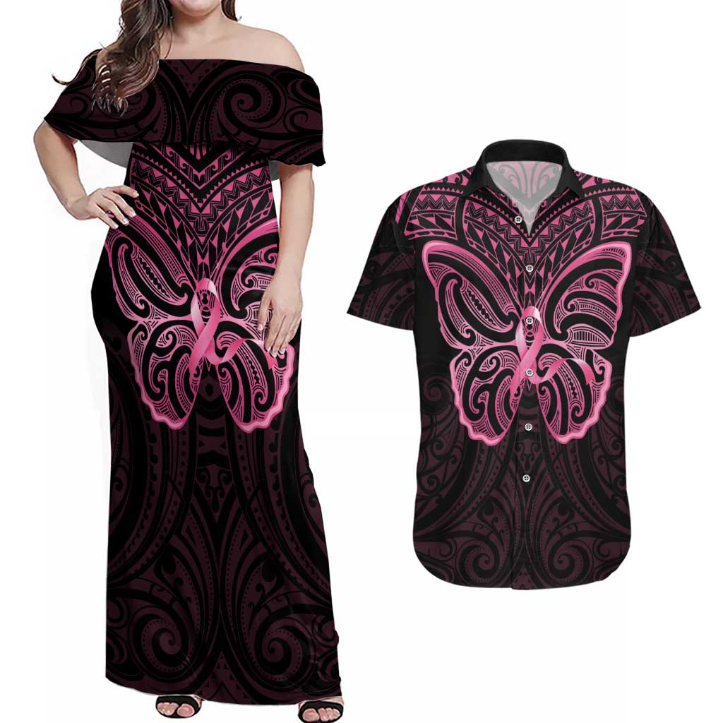 New Zealand Breast Cancer Awareness Couples Matching Off Shoulder Maxi Dress and Hawaiian Shirt Maori Butterfly Pink Ribbon Black Version - Aussie Hoodie
