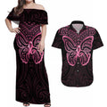 New Zealand Breast Cancer Awareness Couples Matching Off Shoulder Maxi Dress and Hawaiian Shirt Maori Butterfly Pink Ribbon Black Version - Aussie Hoodie