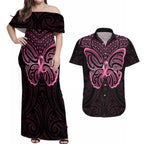 New Zealand Breast Cancer Awareness Couples Matching Off Shoulder Maxi Dress and Hawaiian Shirt Maori Butterfly Pink Ribbon Black Version - Aussie Hoodie