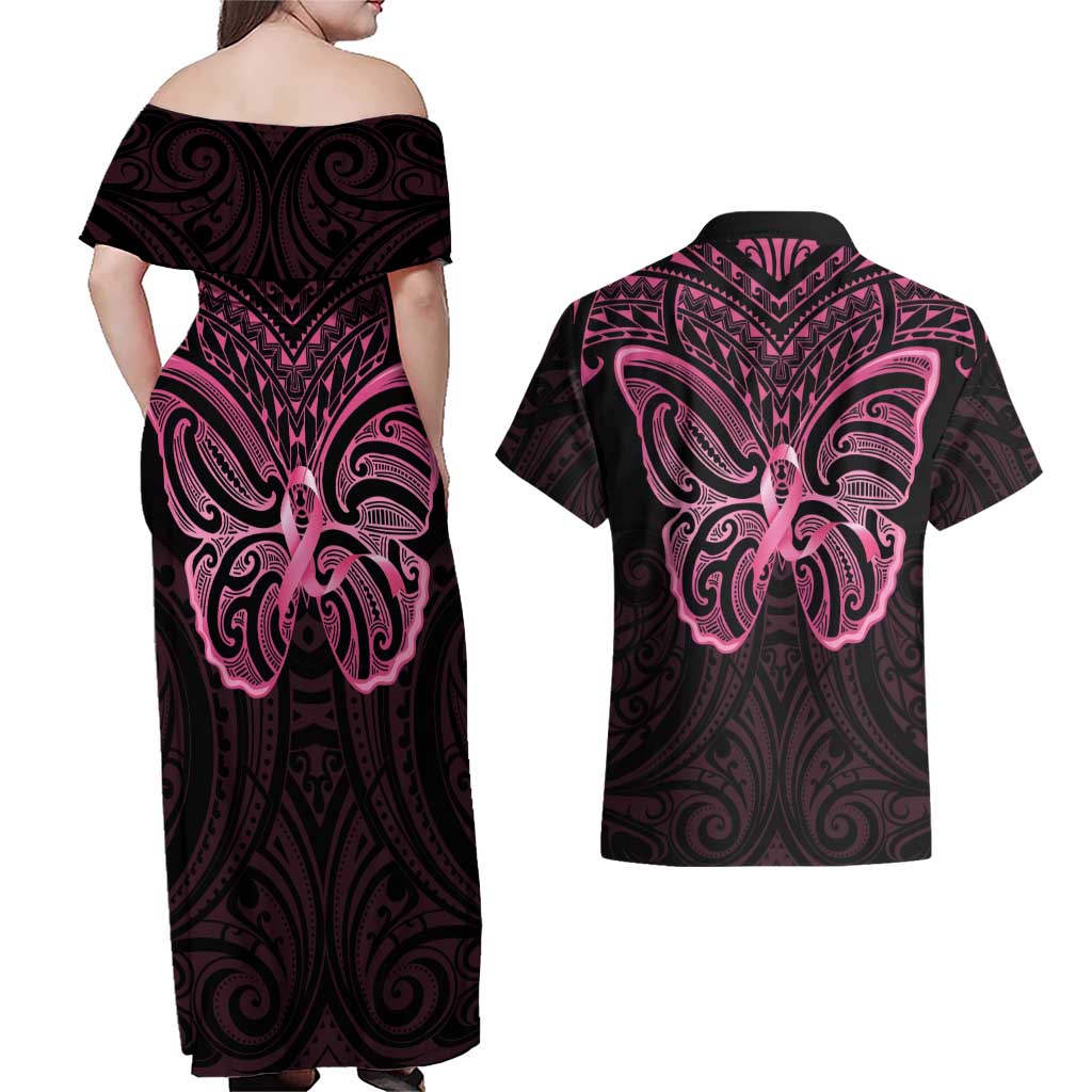 New Zealand Breast Cancer Awareness Couples Matching Off Shoulder Maxi Dress and Hawaiian Shirt Maori Butterfly Pink Ribbon Black Version - Aussie Hoodie