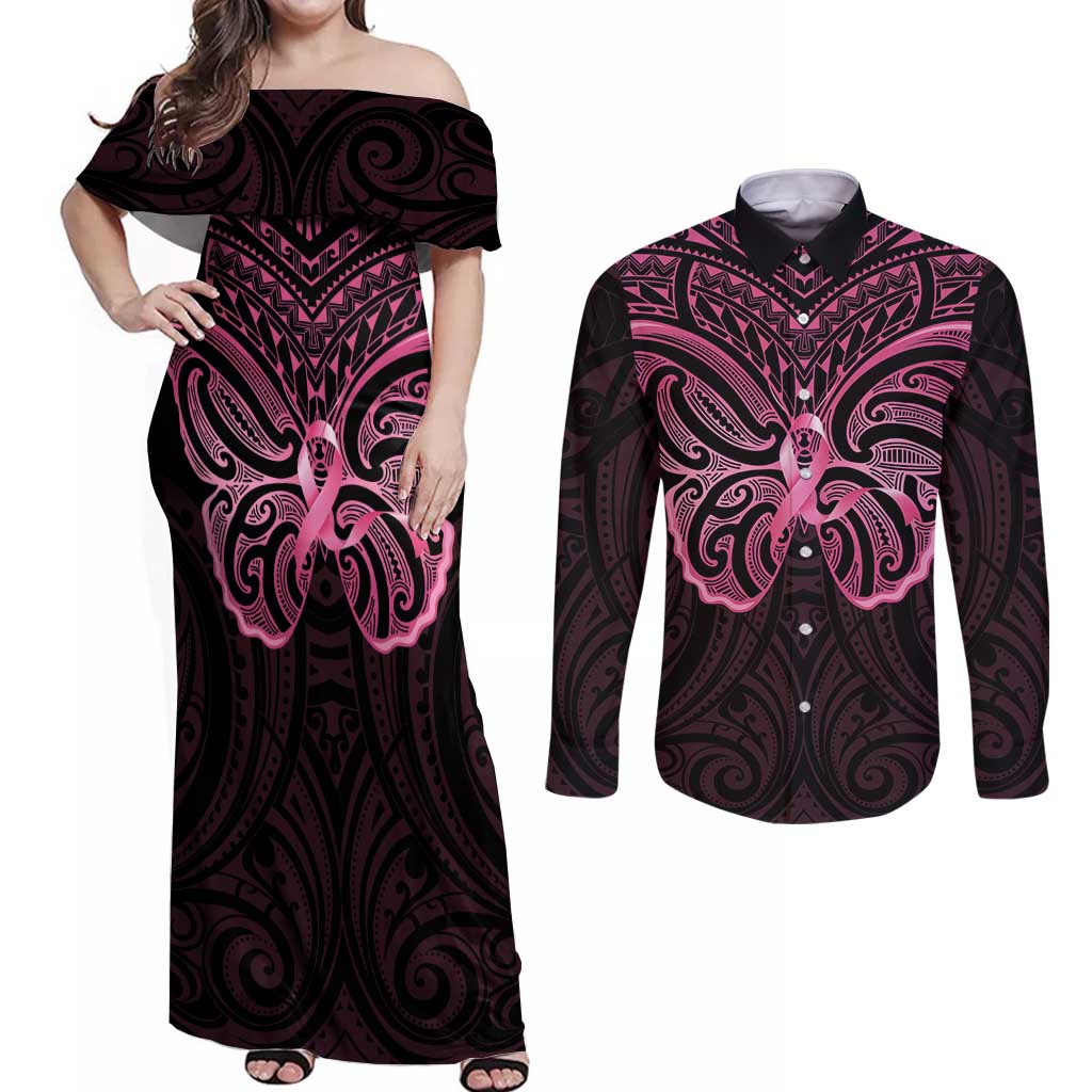 New Zealand Breast Cancer Awareness Couples Matching Off Shoulder Maxi Dress and Long Sleeve Button Shirt Maori Butterfly Pink Ribbon Black Version - Aussie Hoodie