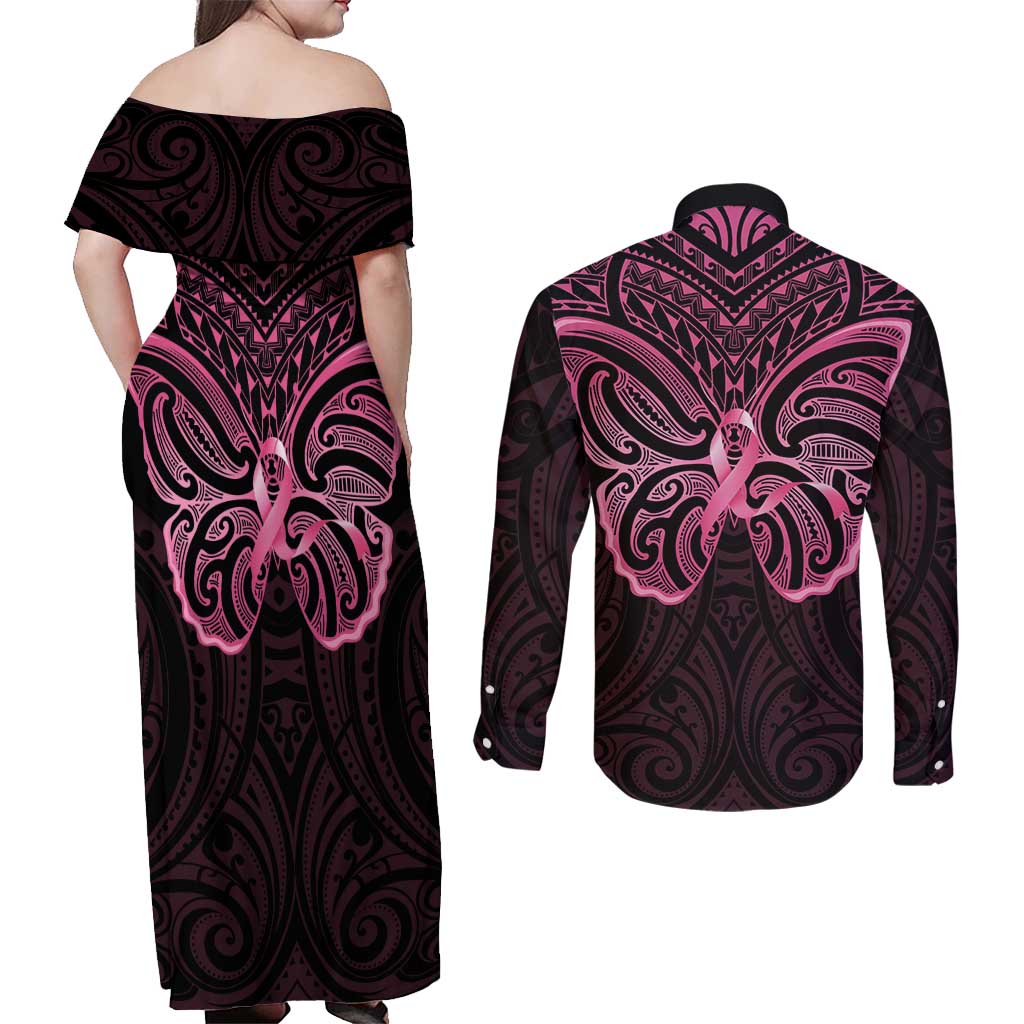 New Zealand Breast Cancer Awareness Couples Matching Off Shoulder Maxi Dress and Long Sleeve Button Shirt Maori Butterfly Pink Ribbon Black Version - Aussie Hoodie
