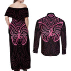 New Zealand Breast Cancer Awareness Couples Matching Off Shoulder Maxi Dress and Long Sleeve Button Shirt Maori Butterfly Pink Ribbon Black Version - Aussie Hoodie