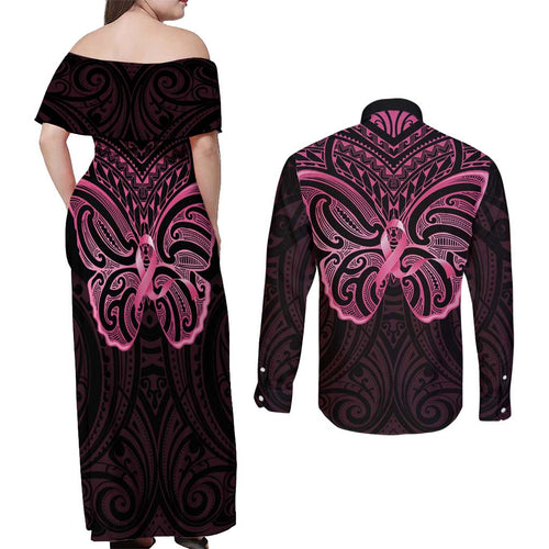 New Zealand Breast Cancer Awareness Couples Matching Off Shoulder Maxi Dress and Long Sleeve Button Shirt Maori Butterfly Pink Ribbon Black Version - Aussie Hoodie